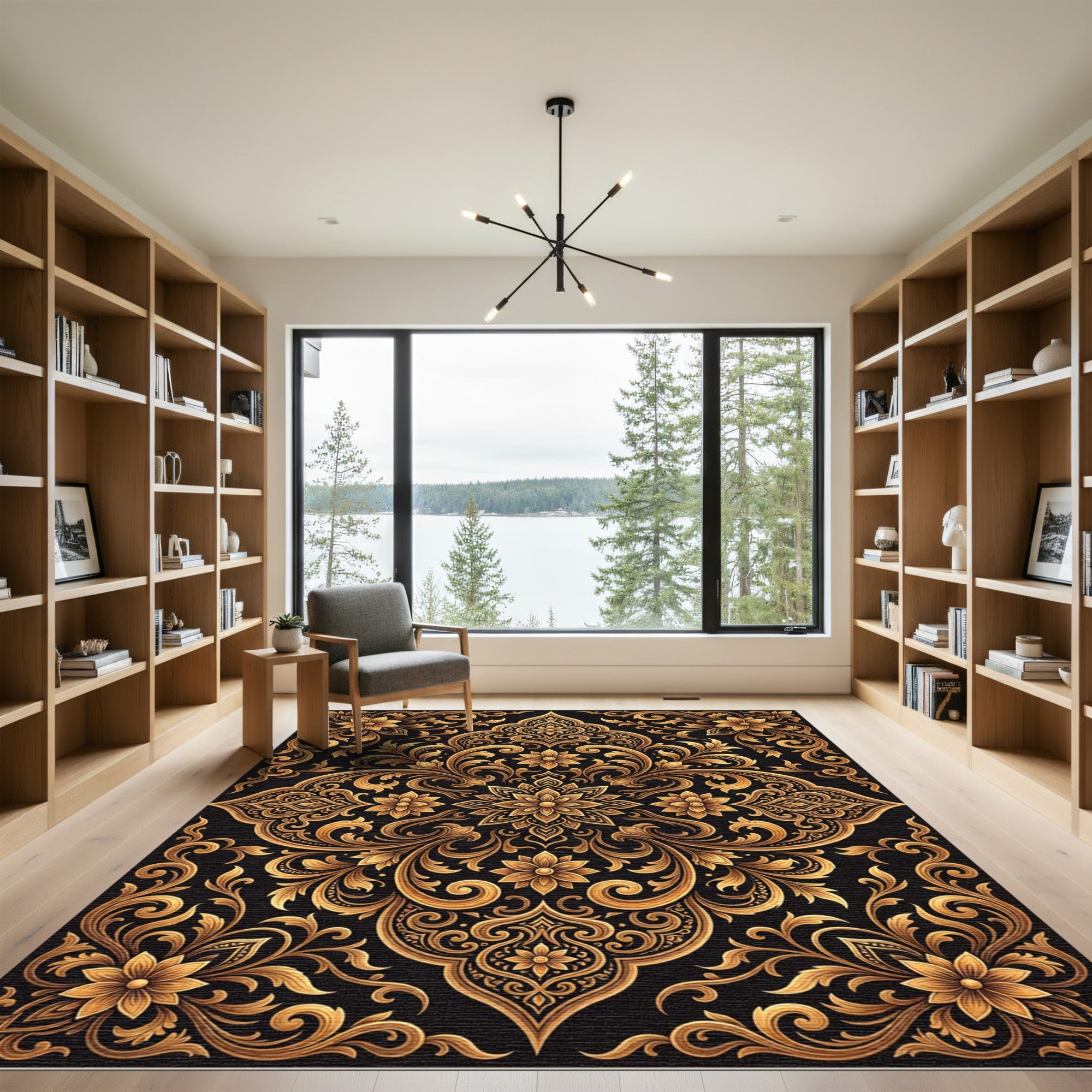 Golden Floral Damask Baroque Rug