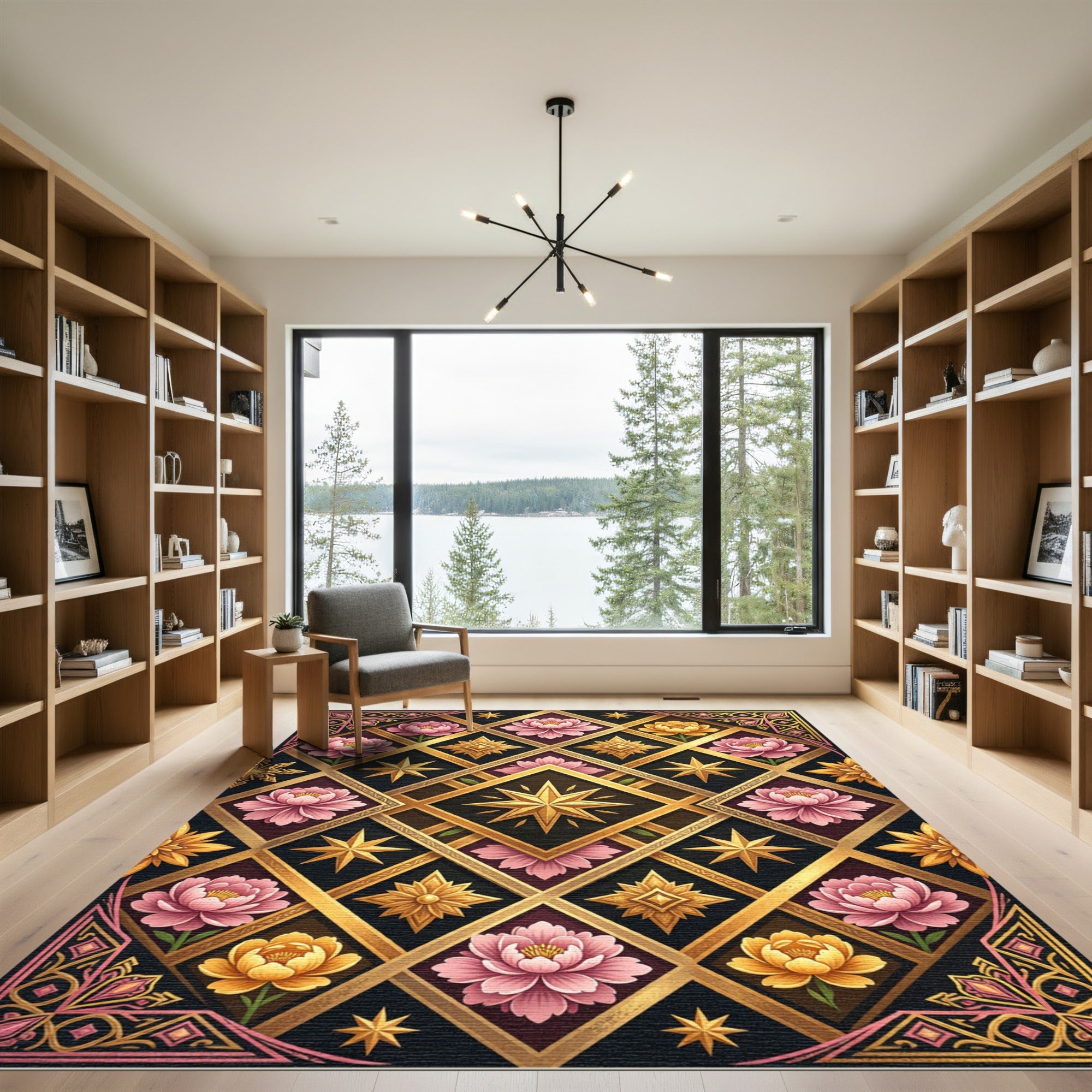 Elegant Gold Floral Diamond Star Art Rug