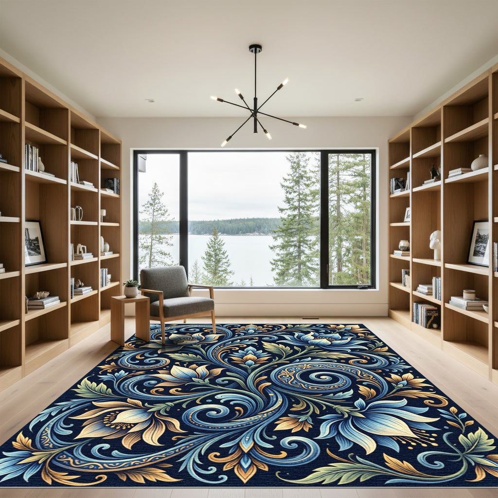 Elegant Navy and Gold Floral Swirl Rug