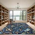 Elegant Navy and Gold Floral Swirl Rug