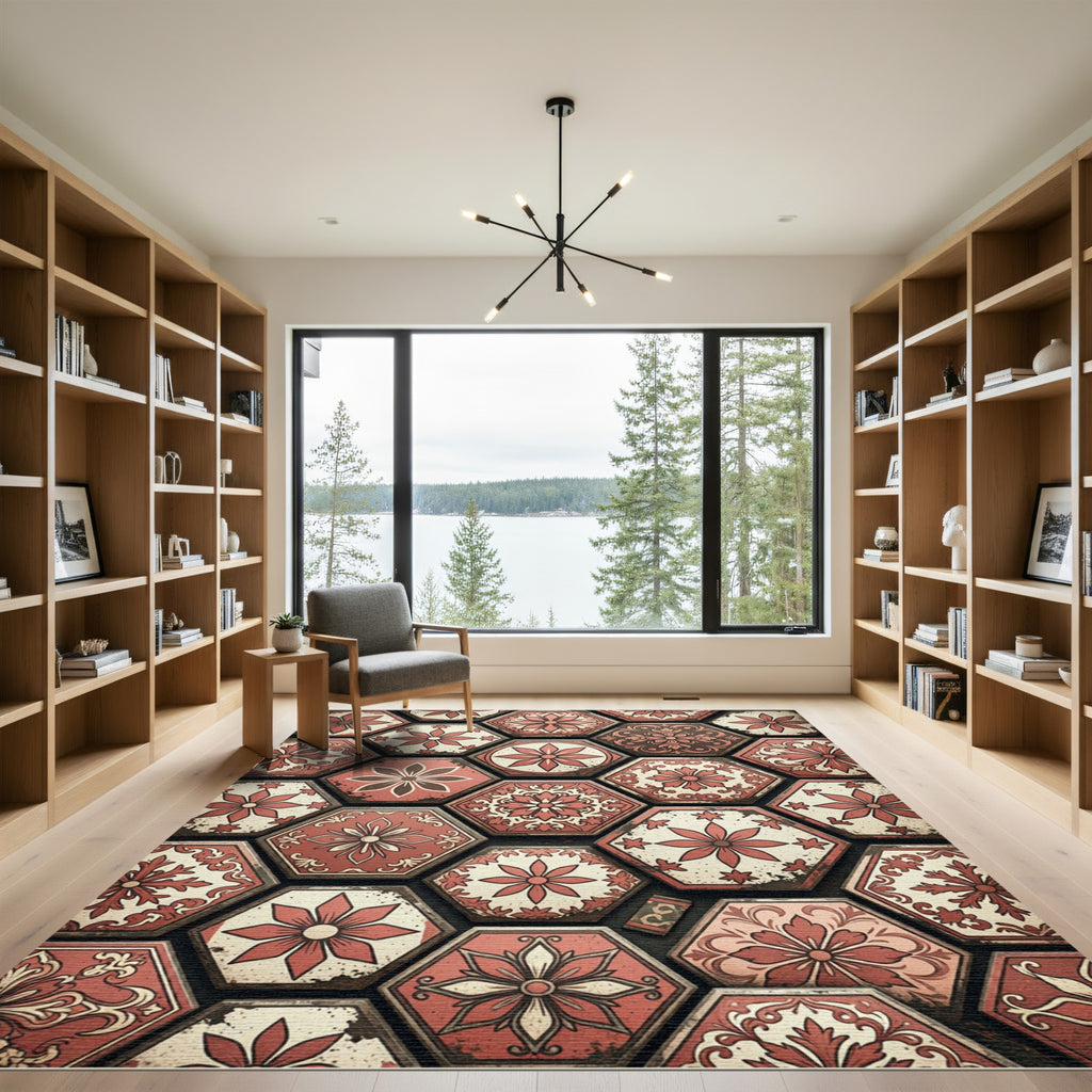 Vintage Red Floral Hexagon Medallion Rug