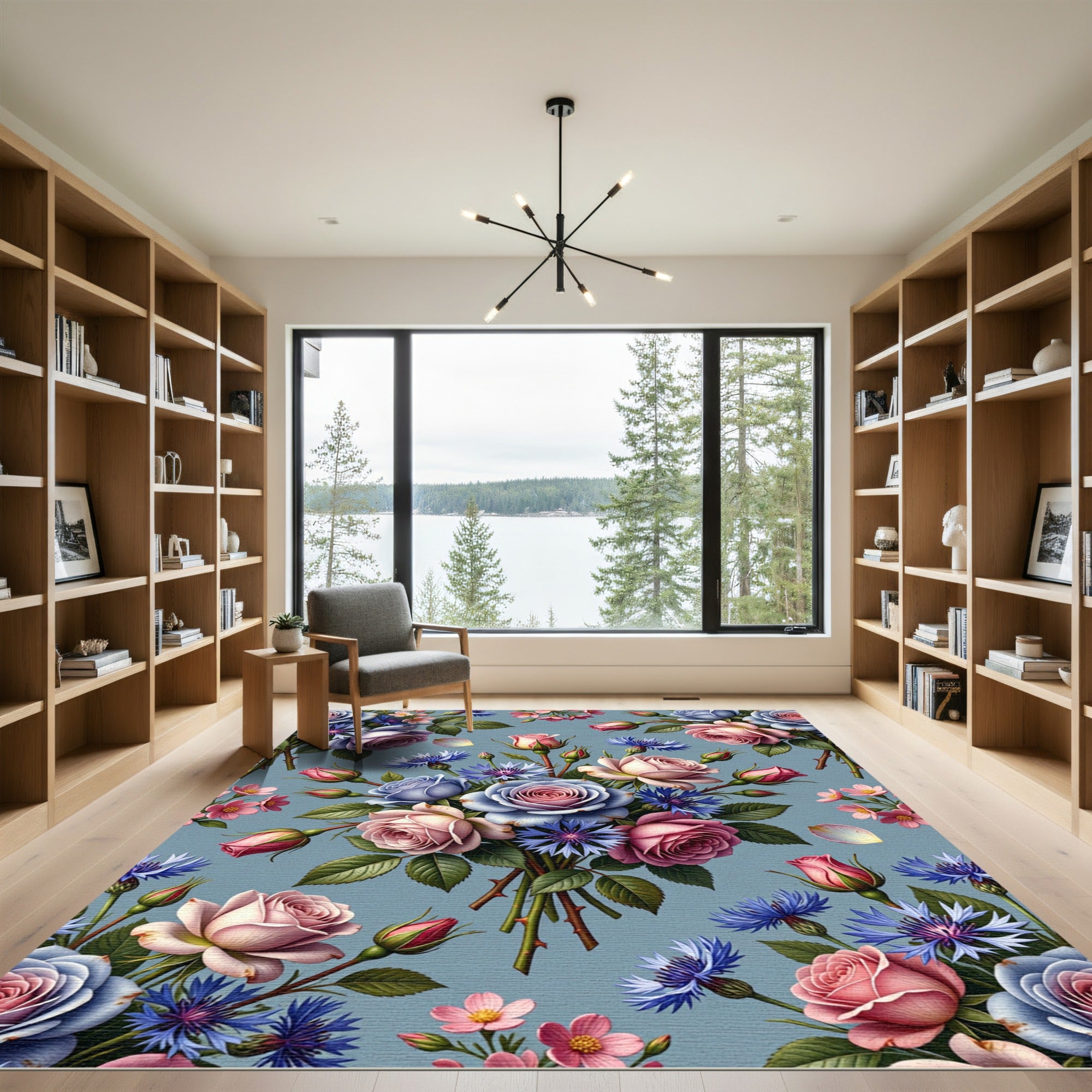 Pink Roses Blue Cornflower Bouquet Rug