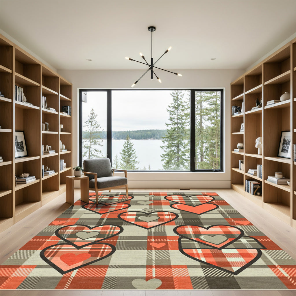 Tartan Plaid Hearts Red Gray Area Rug