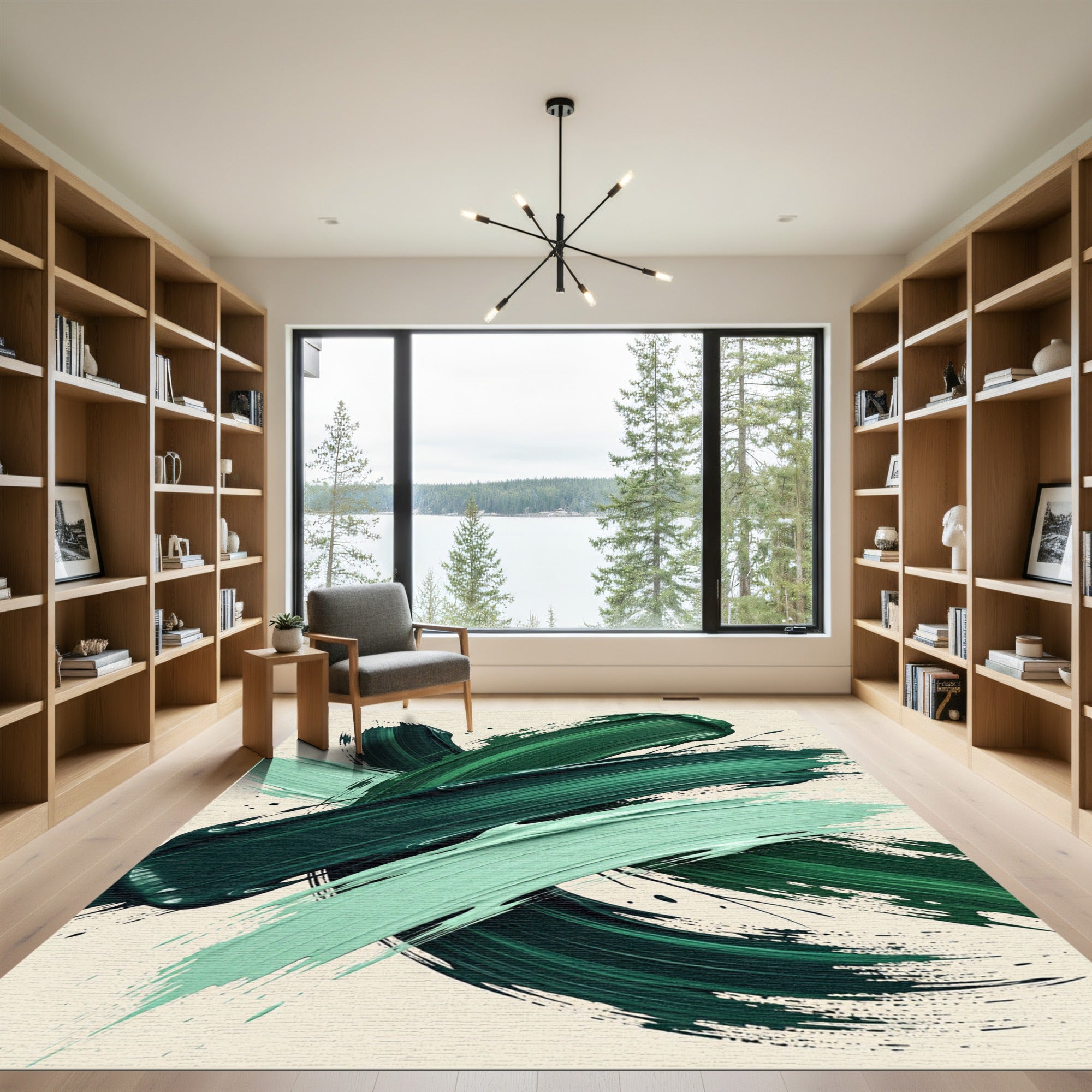 Deep Emerald Brushstrokes Abstract Rug