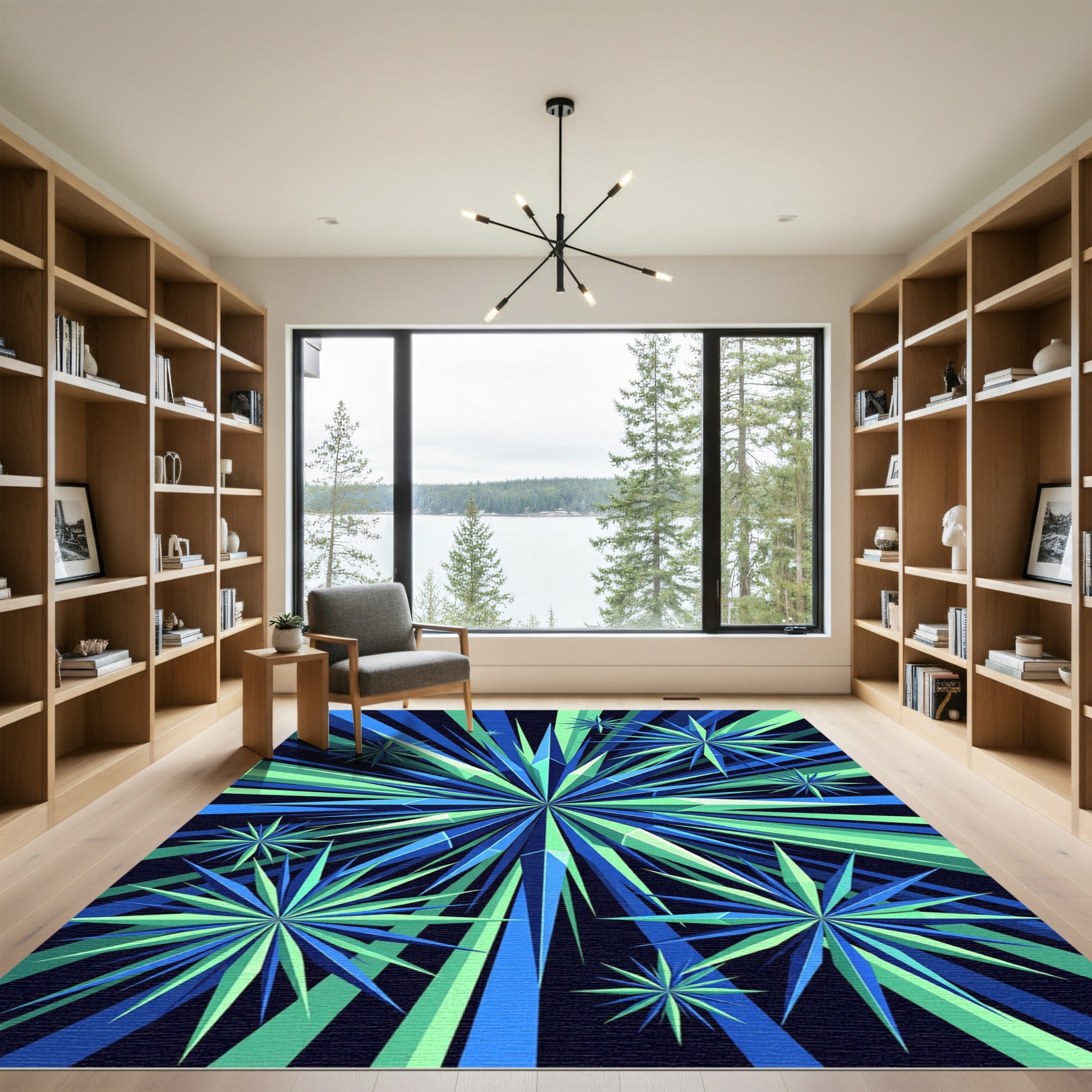 Radiant Blue Green Geometric Starburst Rug