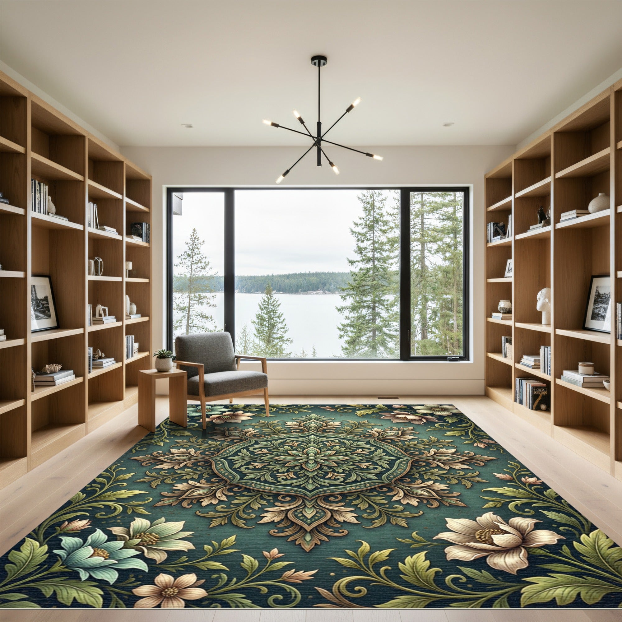 Elegant Sage Botanical Floral Medallion Rug