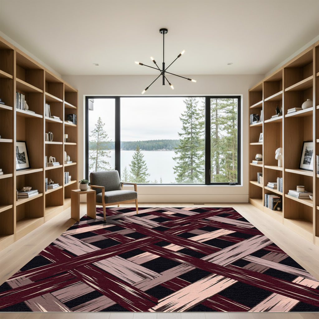 Geometric Intersecting Burgundy and Blush Plaid Rug