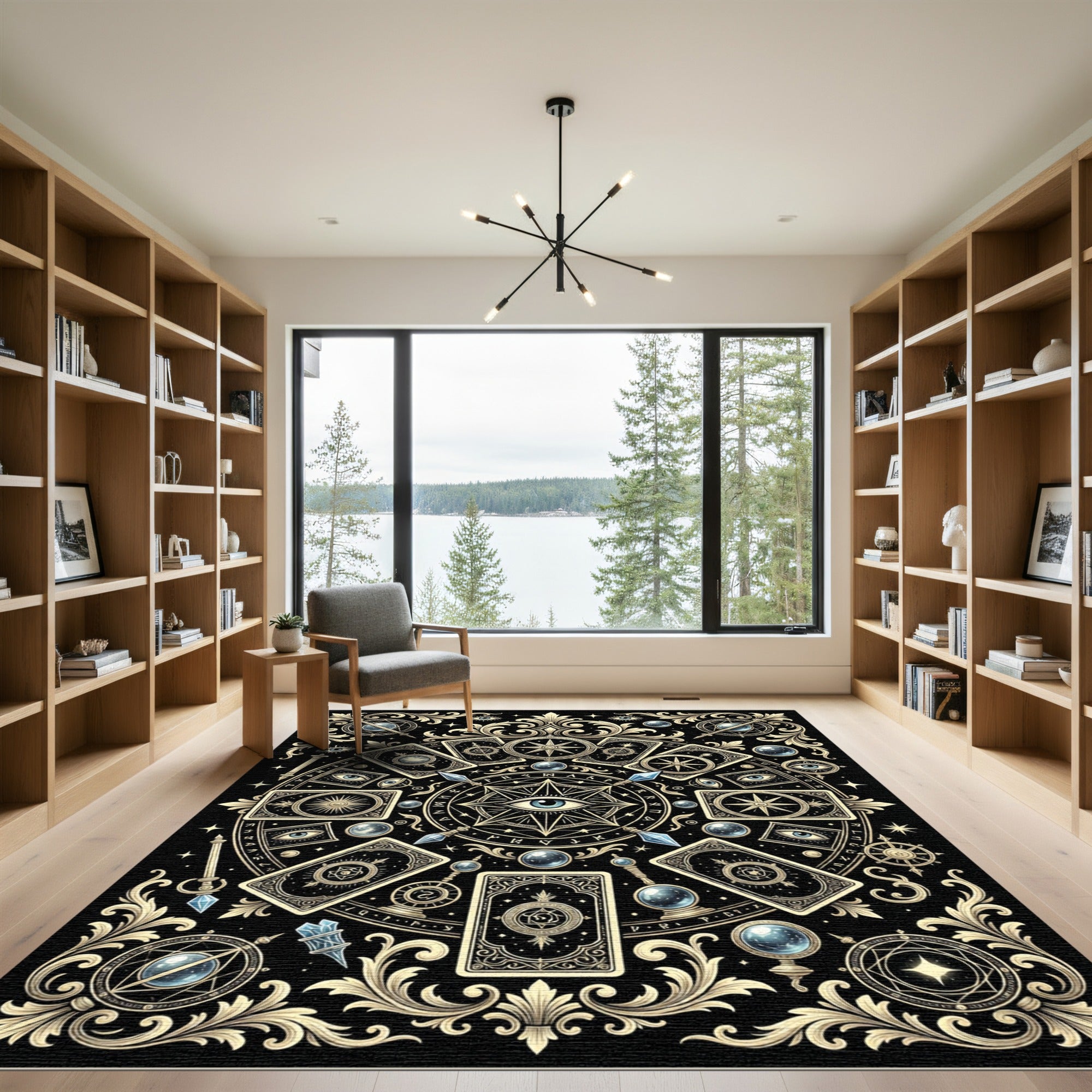 Mystical Celestial Tarot Eye Black Gold Rug