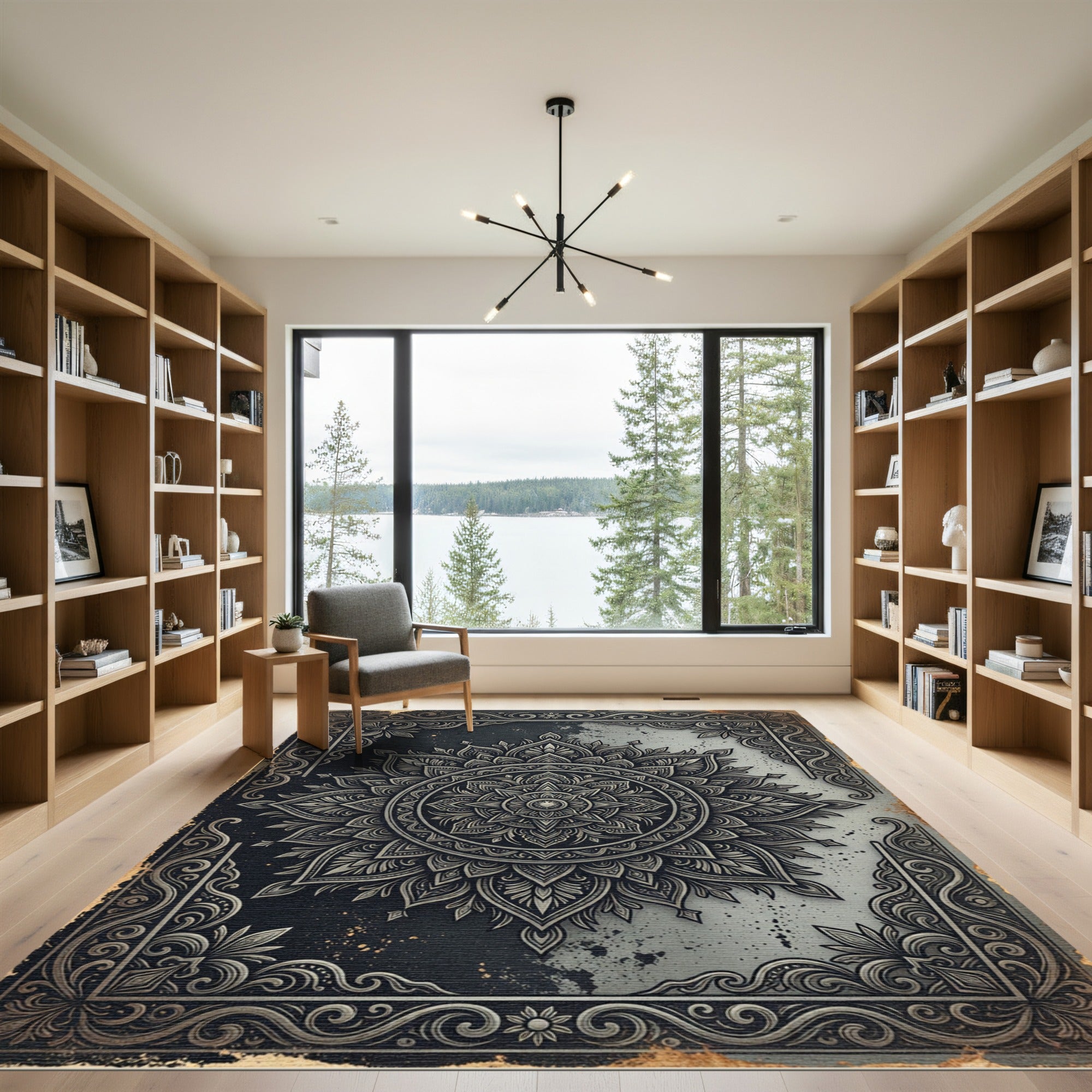 Monochrome Intricate Mandala Floral Frame Rug