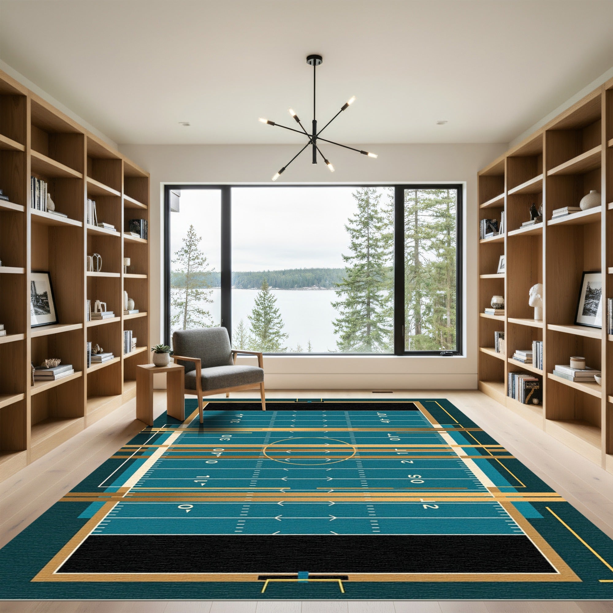 Geometric Teal and Gold Football Field Rug