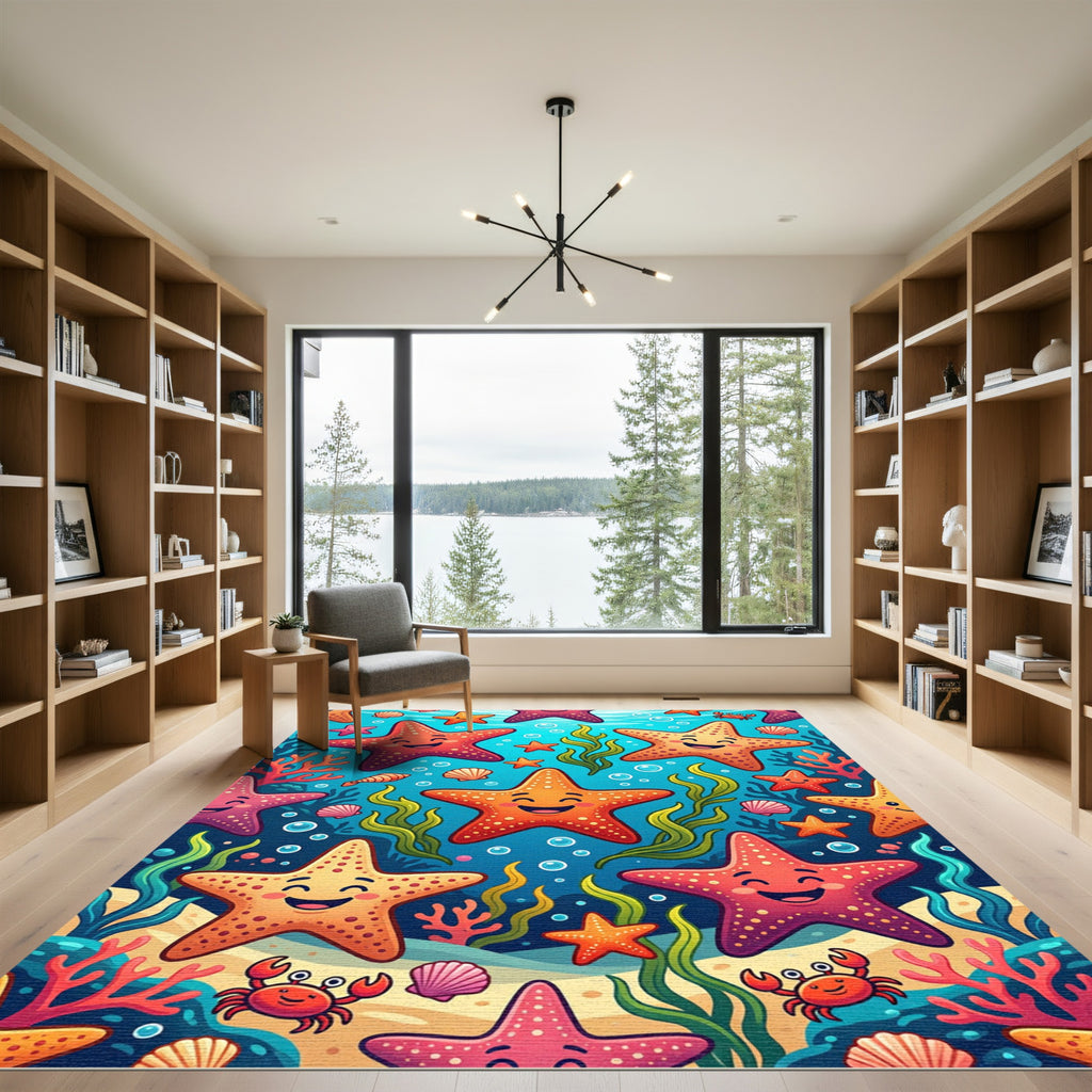 Cheerful Colorful Starfish and Crab Reef Rug