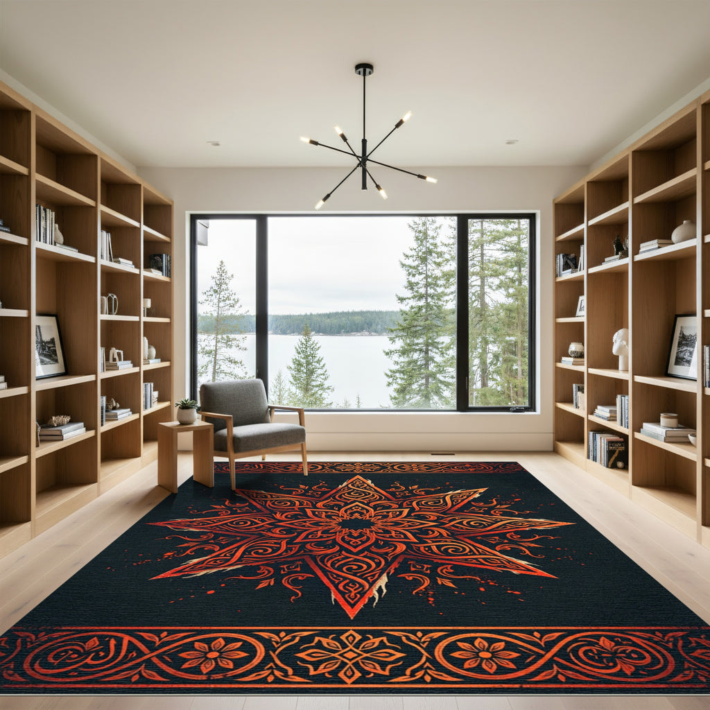 Fiery Orange Eight Pointed Star Mandala Rug