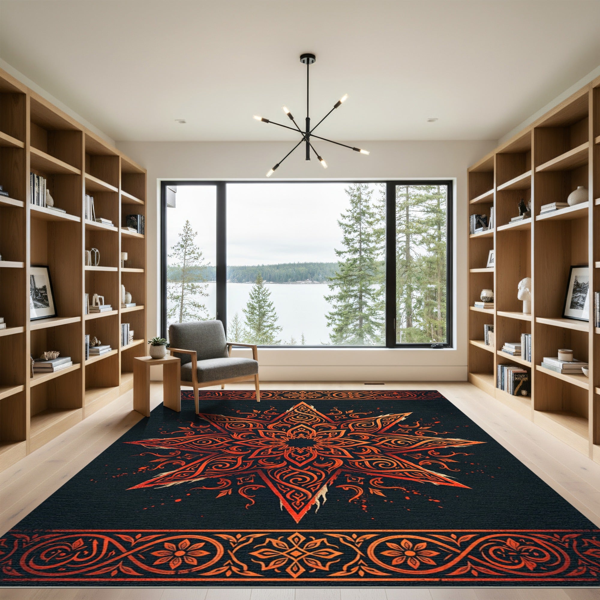 Fiery Orange Eight Pointed Star Mandala Rug