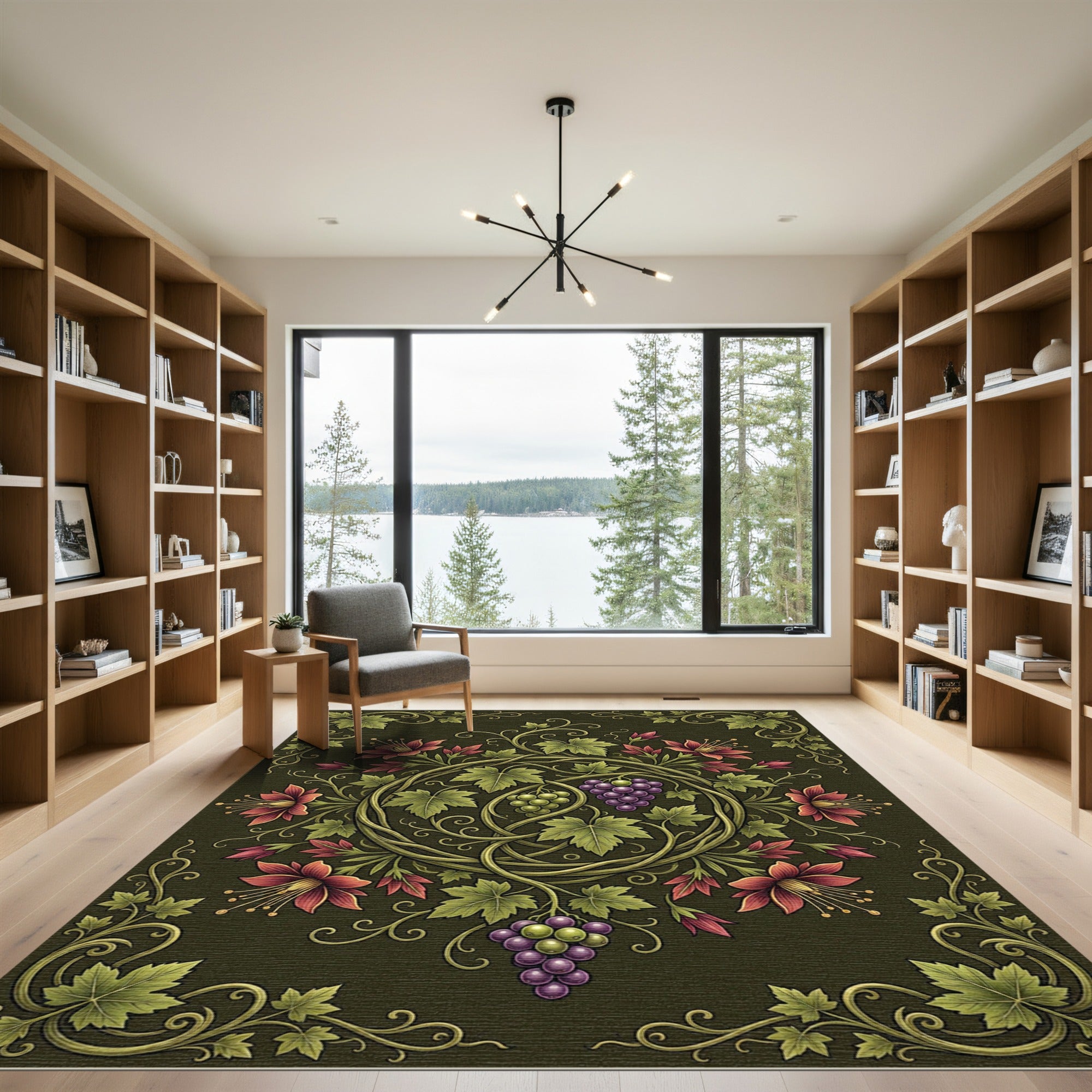 Ornate Forest Green Grape Vine Tapestry Rug