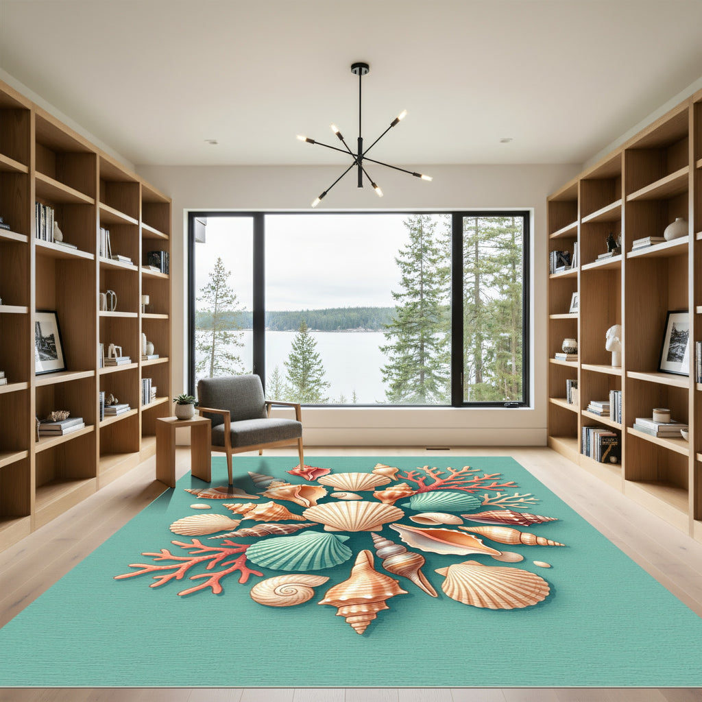 Coastal Teal Shell and Coral Arrangement Rug