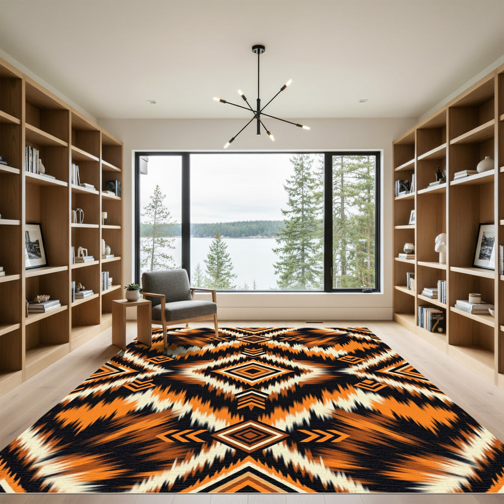 Bold Orange Black Geometric Tribal Area Rug