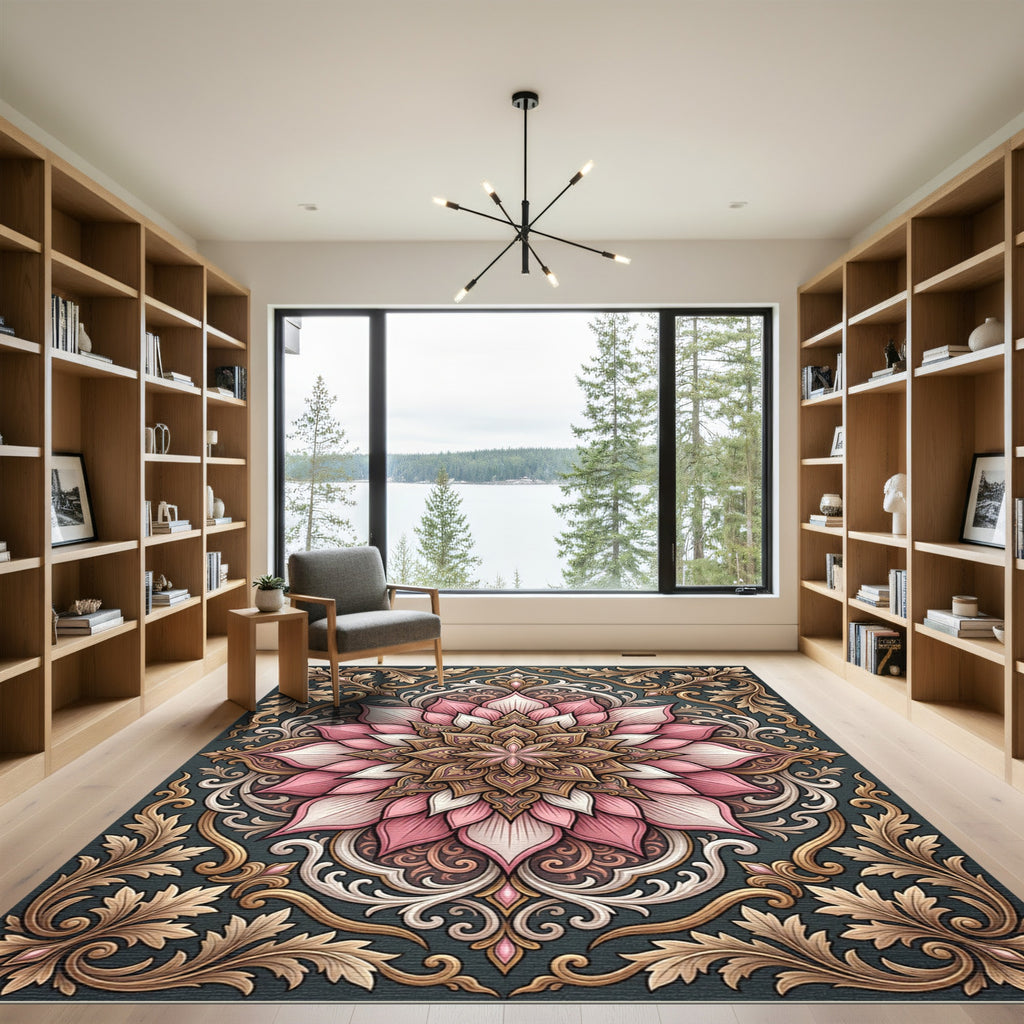 Pink White Intricate Lotus Mandala Rug