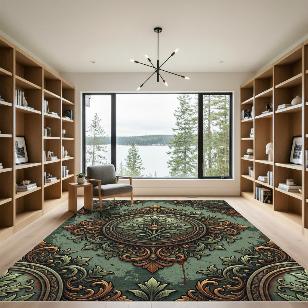Ornate Sage Green Floral Medallion Rug