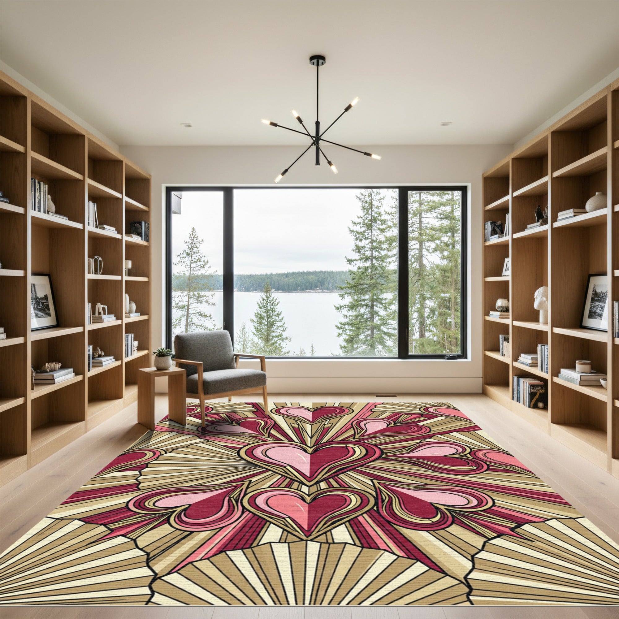 Radiant Red Pink Gold Heartburst Rug