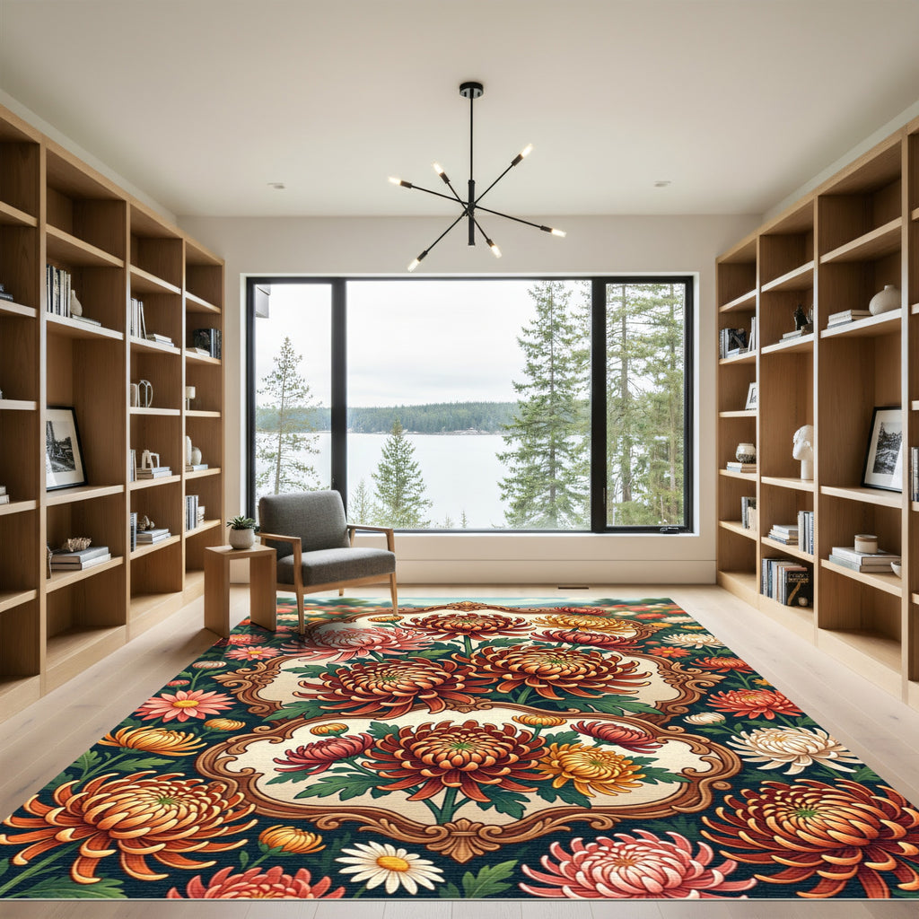 Golden Chrysanthemum Floral Baroque Frame Rug