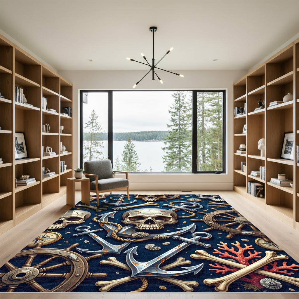 Dark Nautical Skull Anchor Ship Wheel Rug