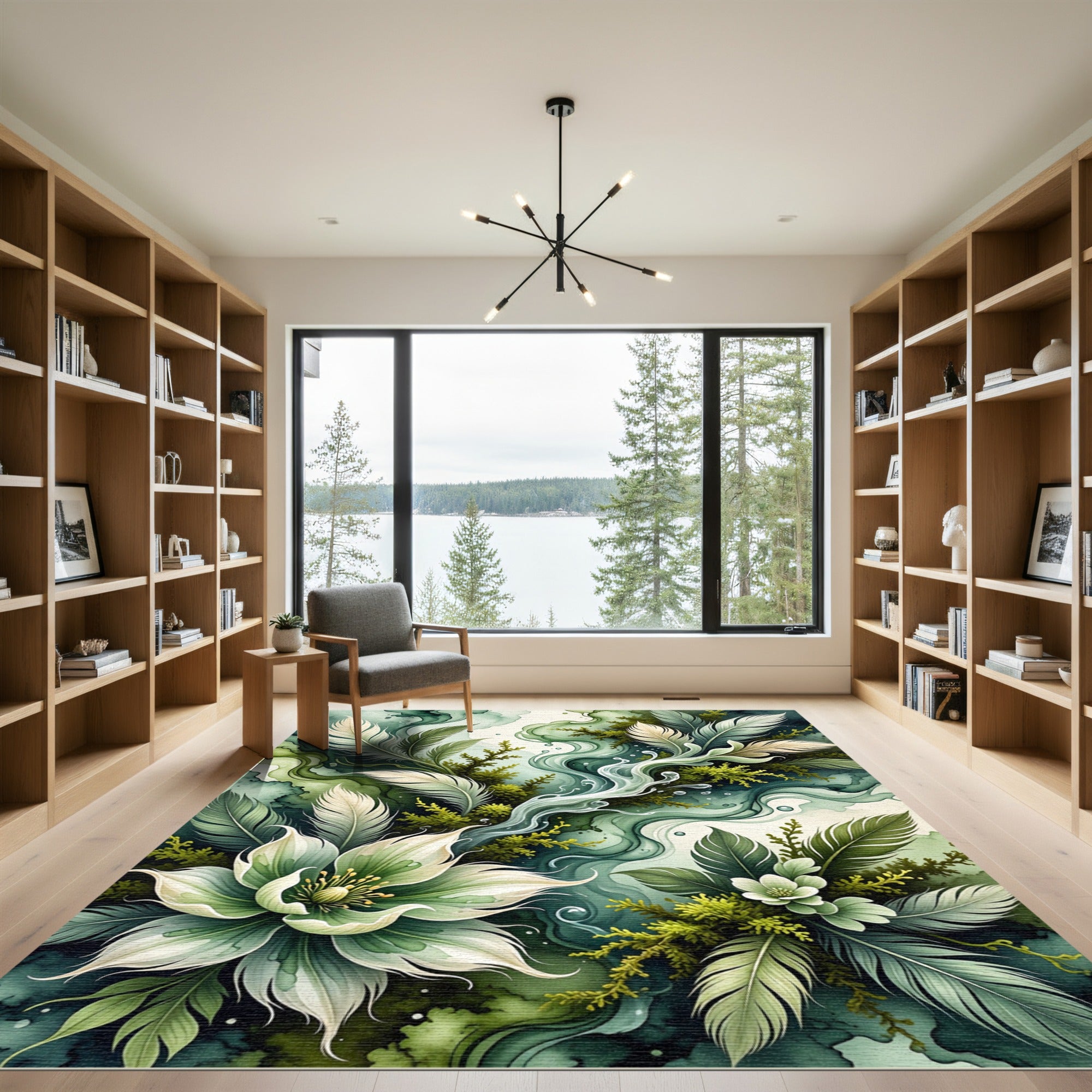 Ethereal Feathers Green Floral Swirls Rug