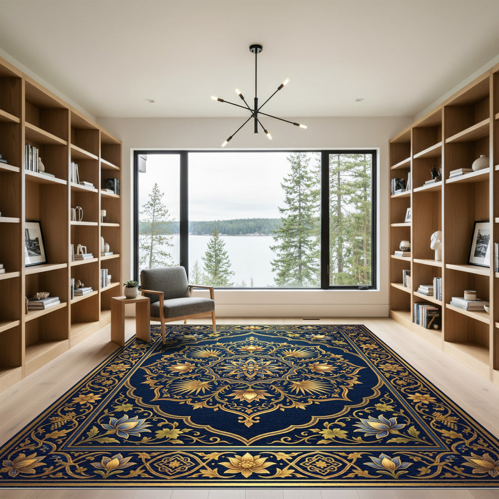 Royal Blue Gold Lotus Medallion Rug