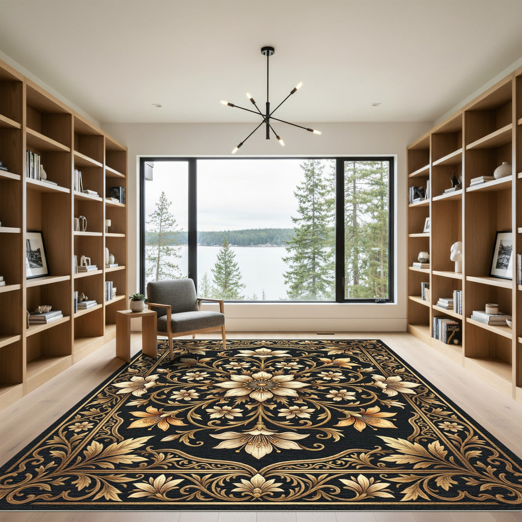 Golden Floral Scrollwork Medallion Rug