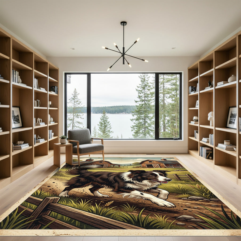 Vintage Farmhouse Border Collie Country Landscape Rug