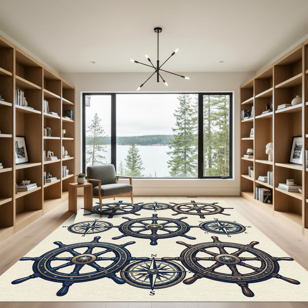 Nautical Brass Compasses and Helm Wheels Rug