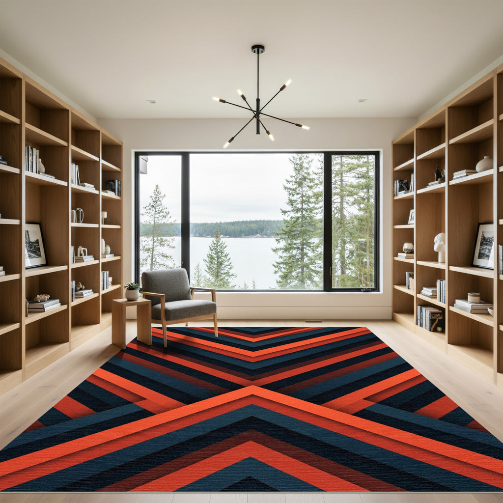 Modern Orange Charcoal Geometric Chevron Rug