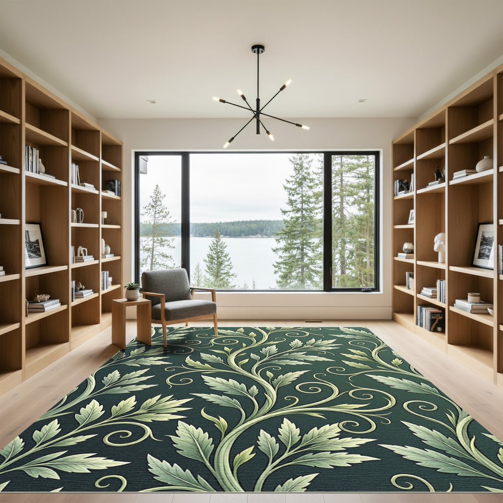 Elegant Sage Green Botanical Scroll Rug