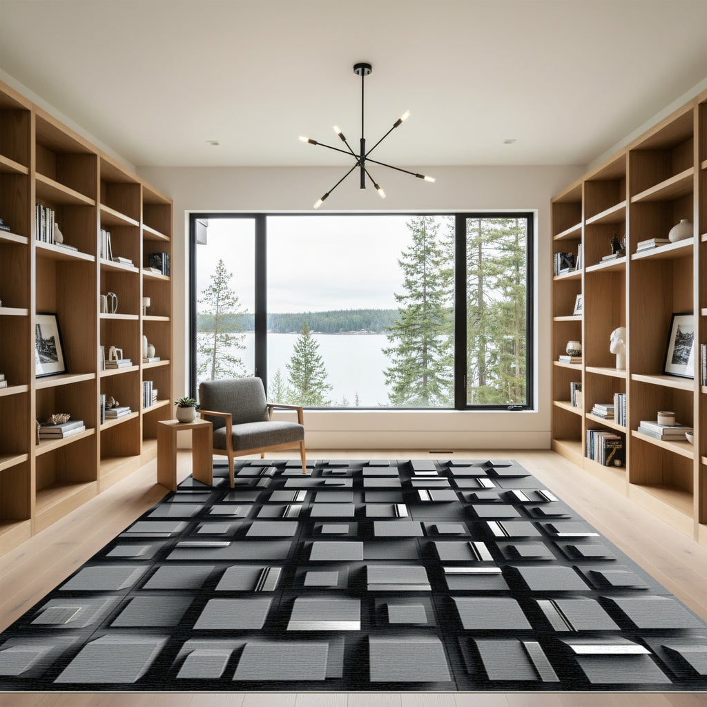 Minimalist Monochrome Geometric Cubist Sculpture Rug