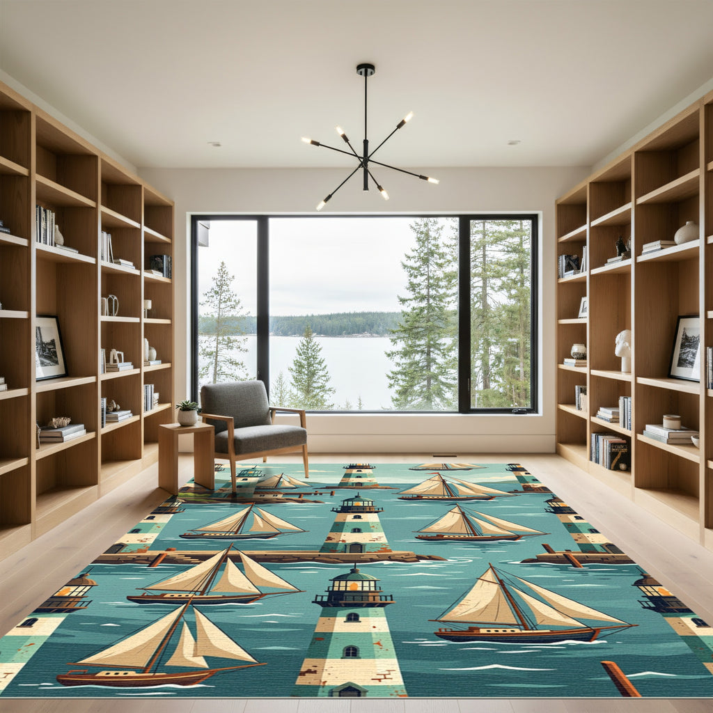 Nautical Lighthouse and Sailboat Ocean Scene Rug