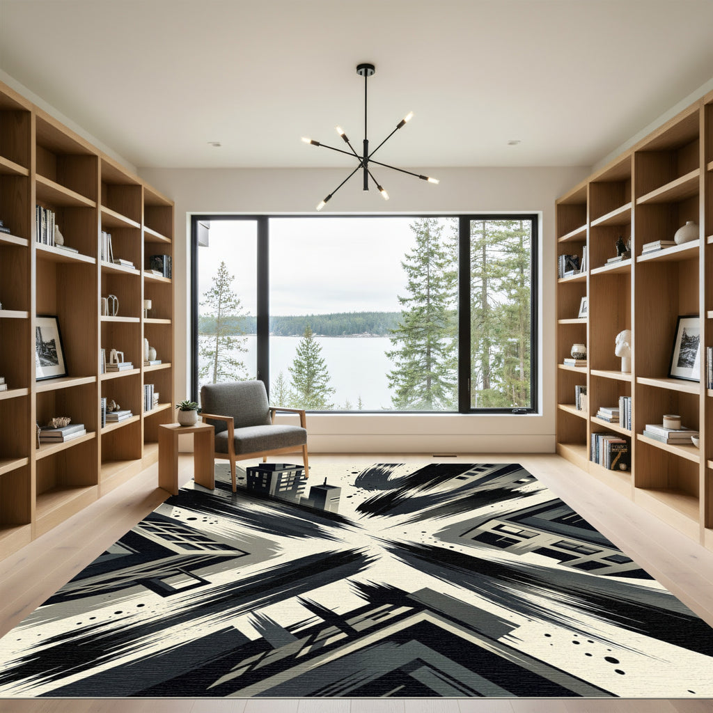 Dynamic Monochromatic Cityscape Brushstrokes Rug
