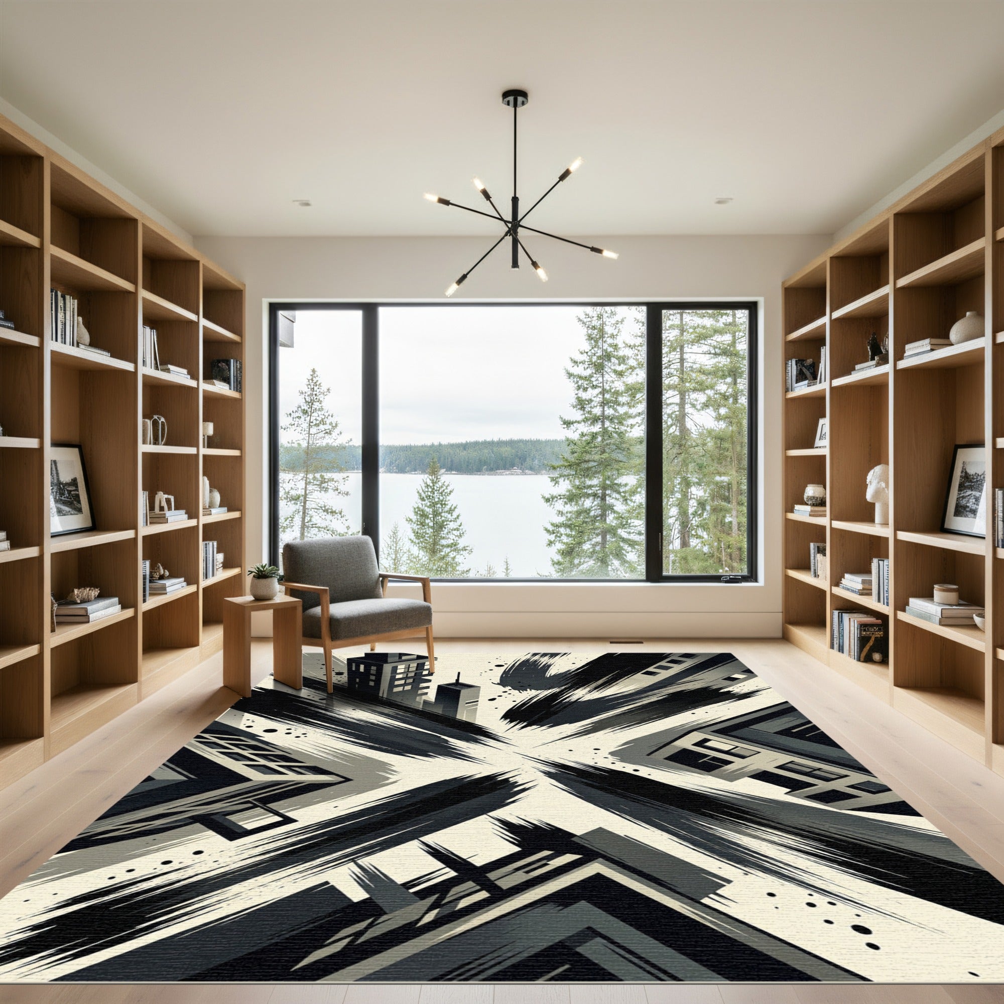 Dynamic Monochromatic Cityscape Brushstrokes Rug