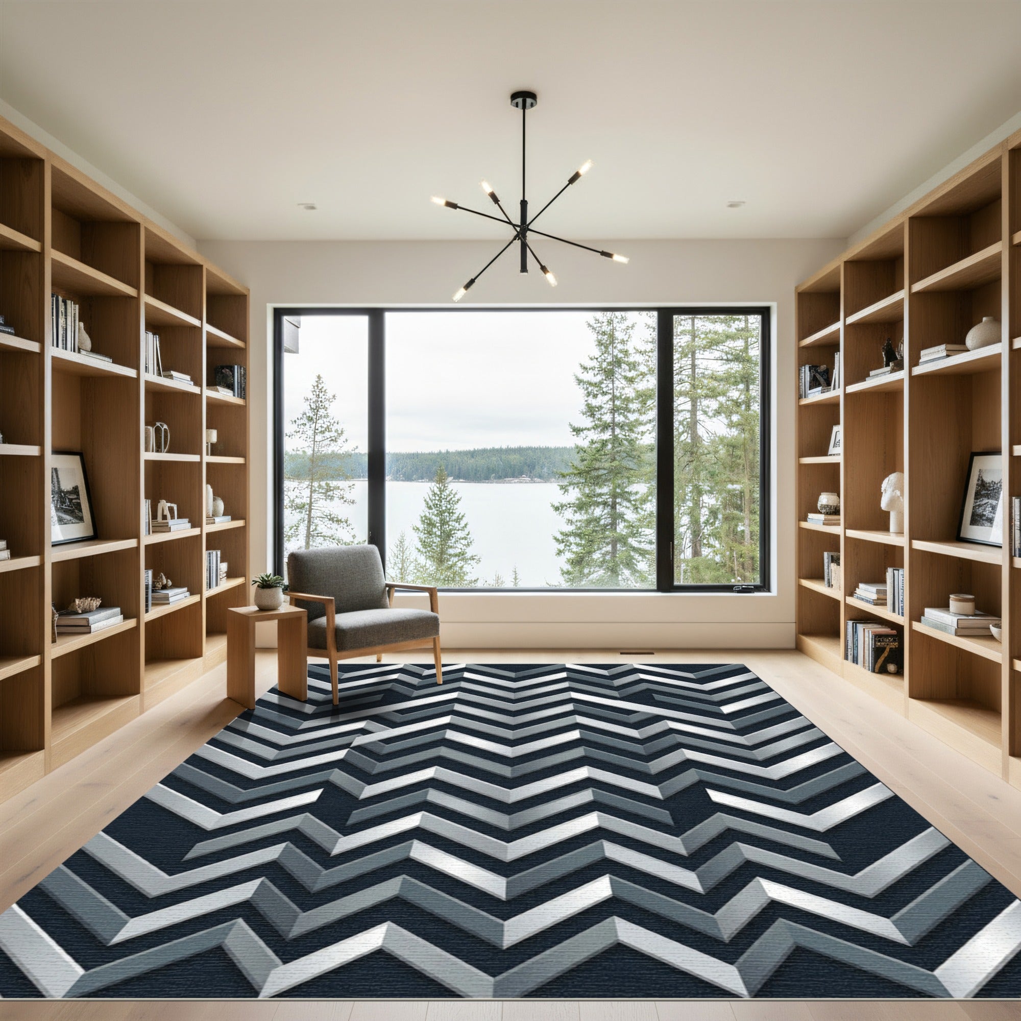 Silver Gray Chevron Geometric Rug