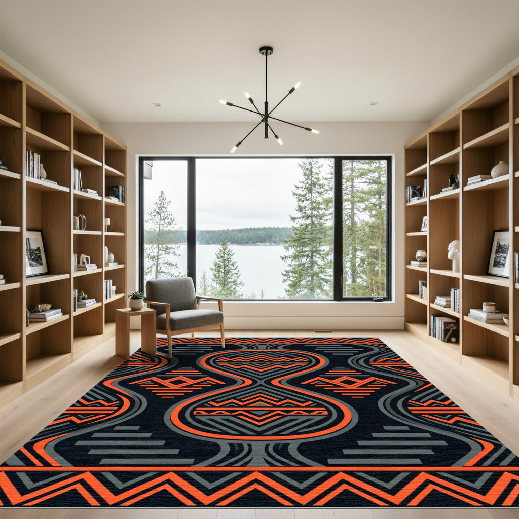 Bold Orange Charcoal Symmetric Tribal Geometric Rug
