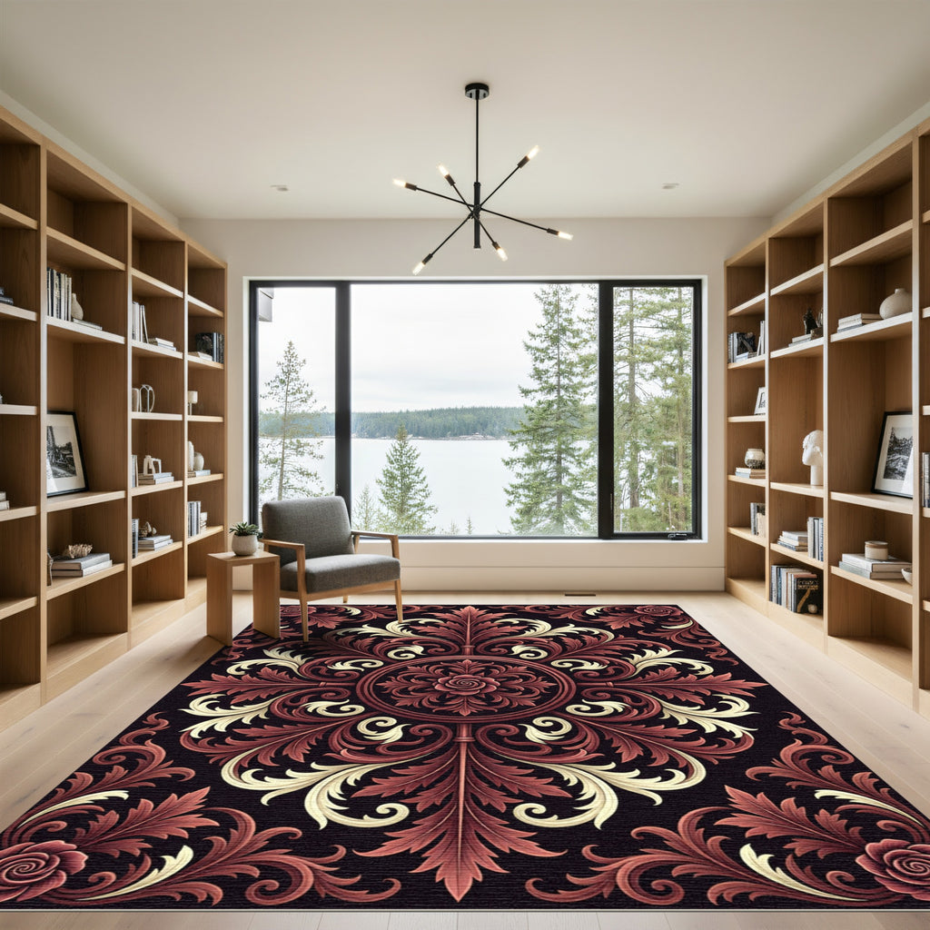 Crimson Rose Scrollwork Ornamental Rug