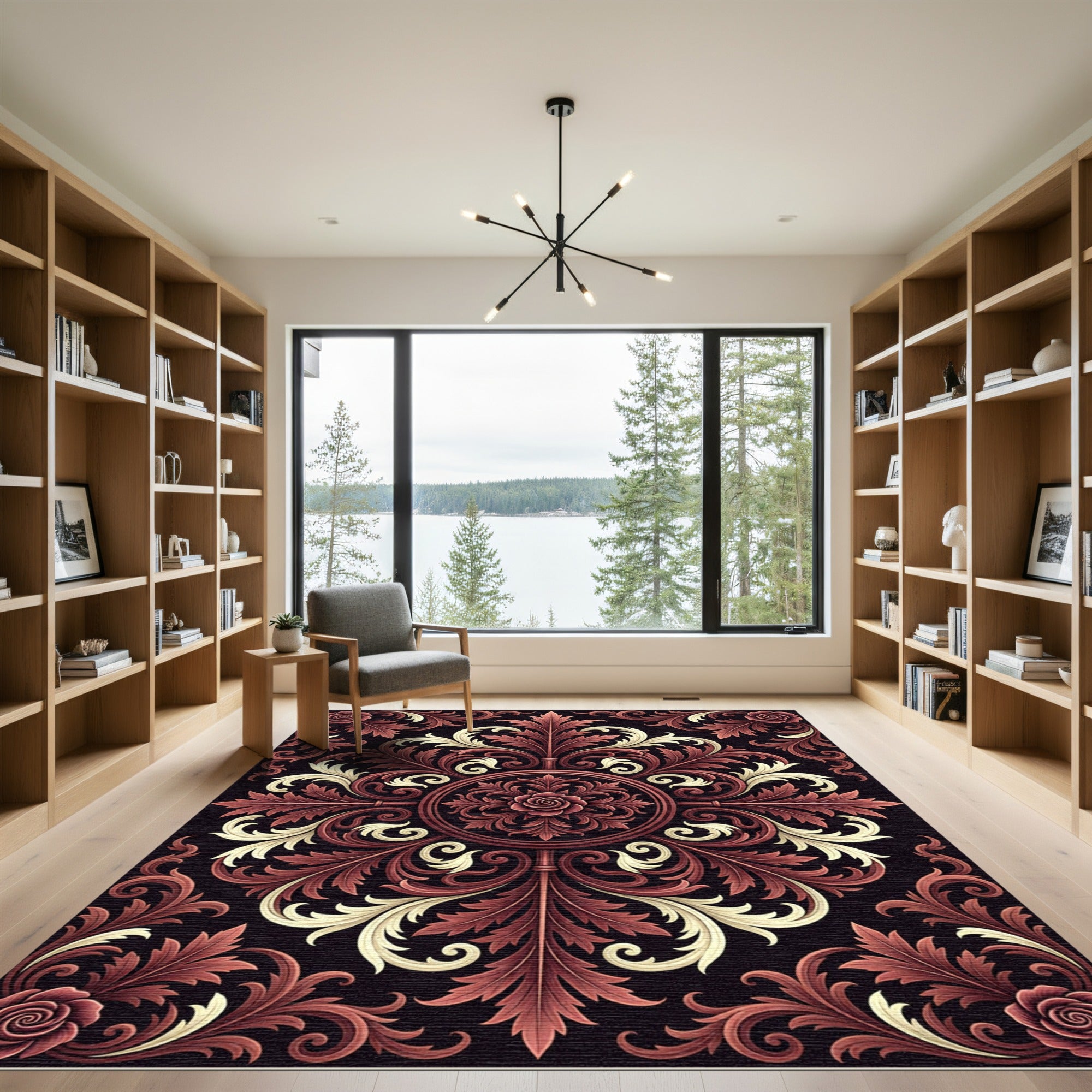 Crimson Rose Scrollwork Ornamental Rug