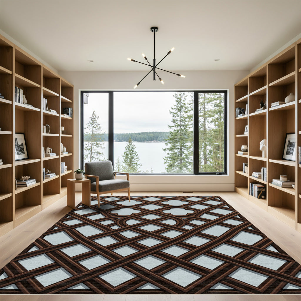 Dark Brown Lattice Quatrefoil Geometric Rug