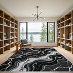 Black White Marble Vein Swirl Rug