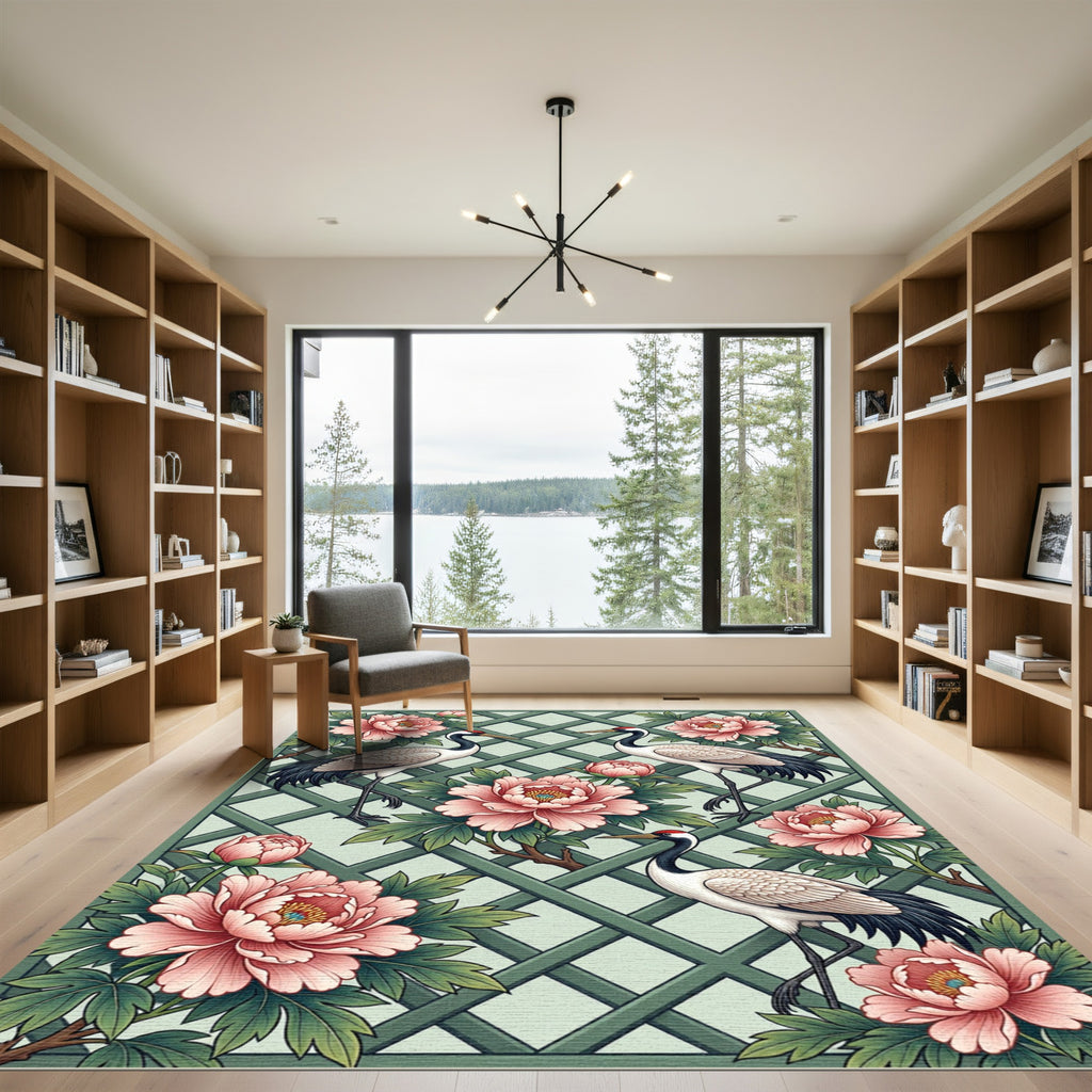 Pink Peony Crane Lattice Arbor Rug
