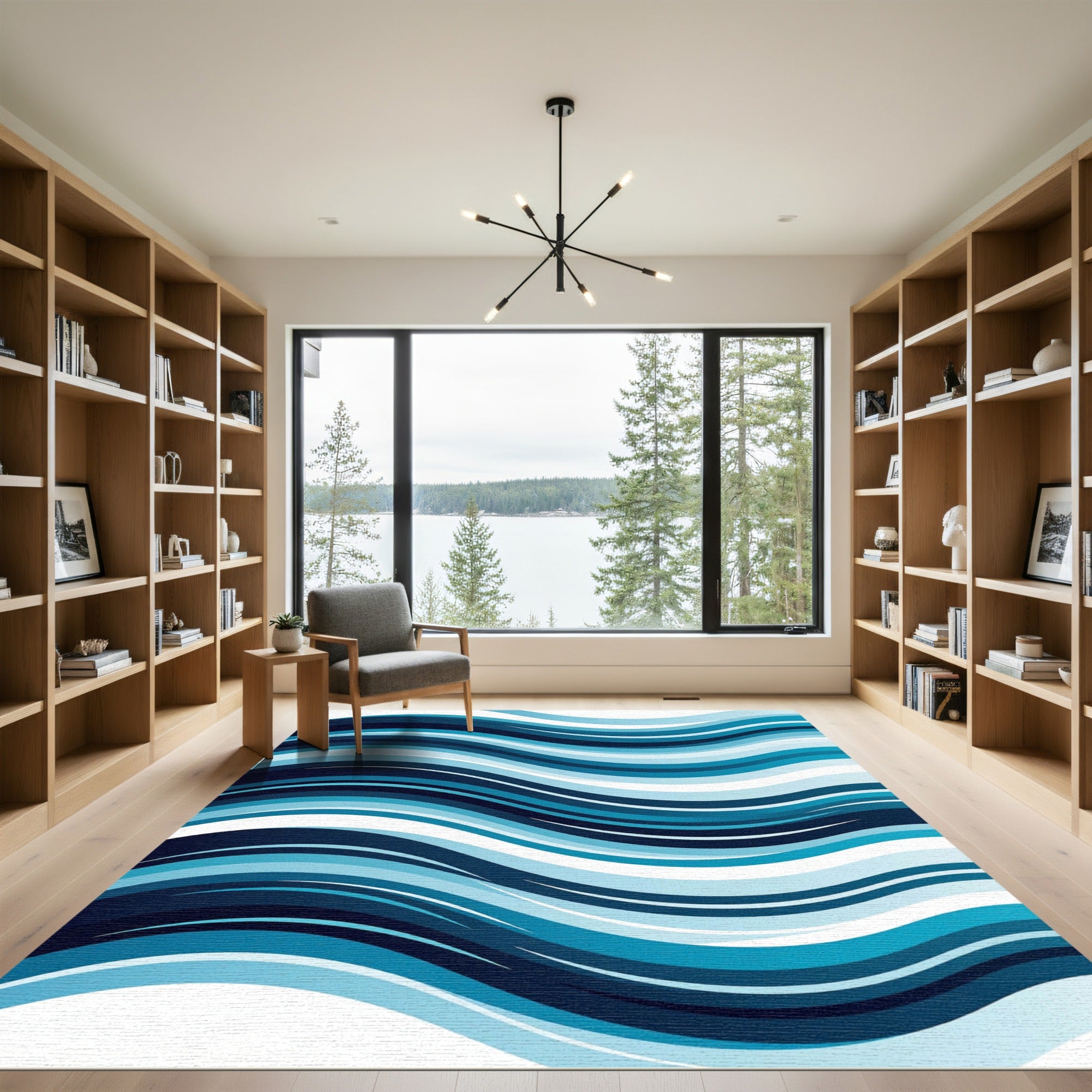 Modern Abstract Blue Rippling Waves Rug