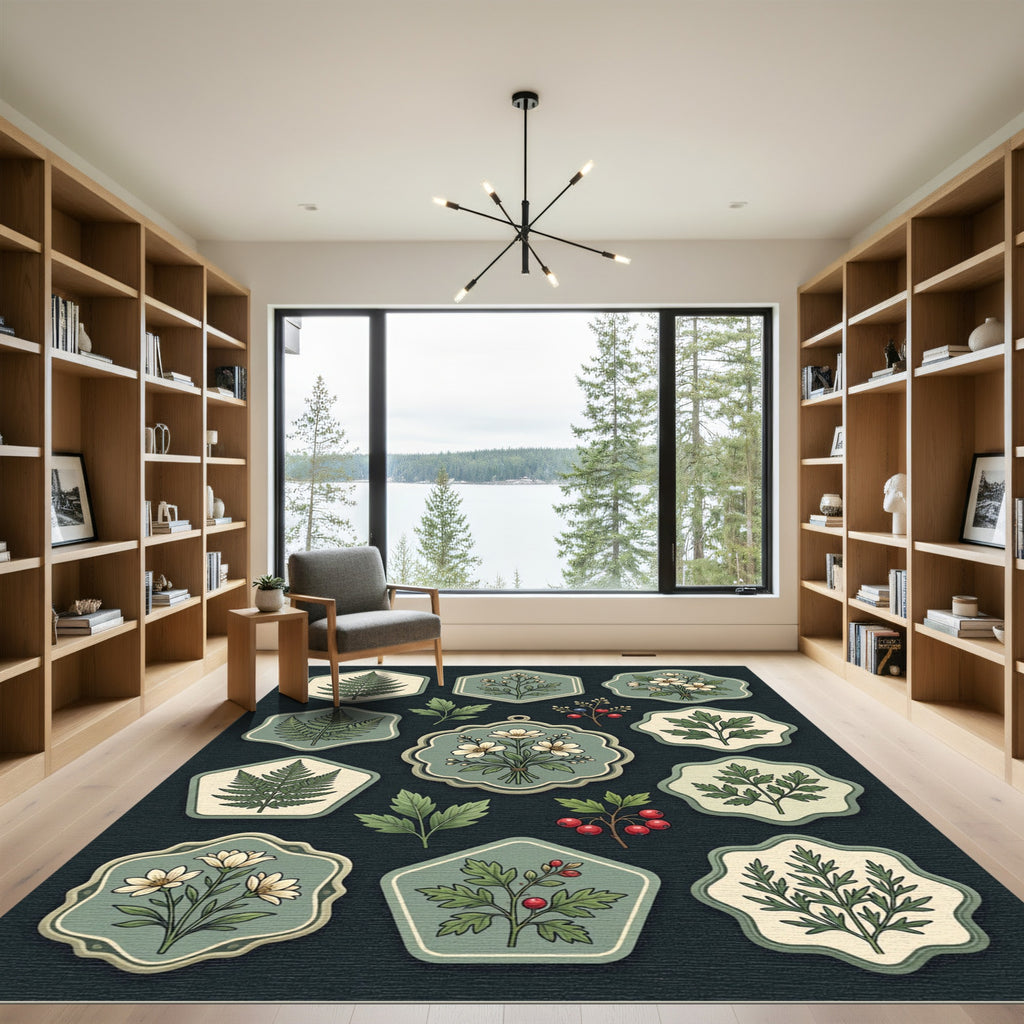 Sage Botanical Fern and Wildflower Illustration Rug