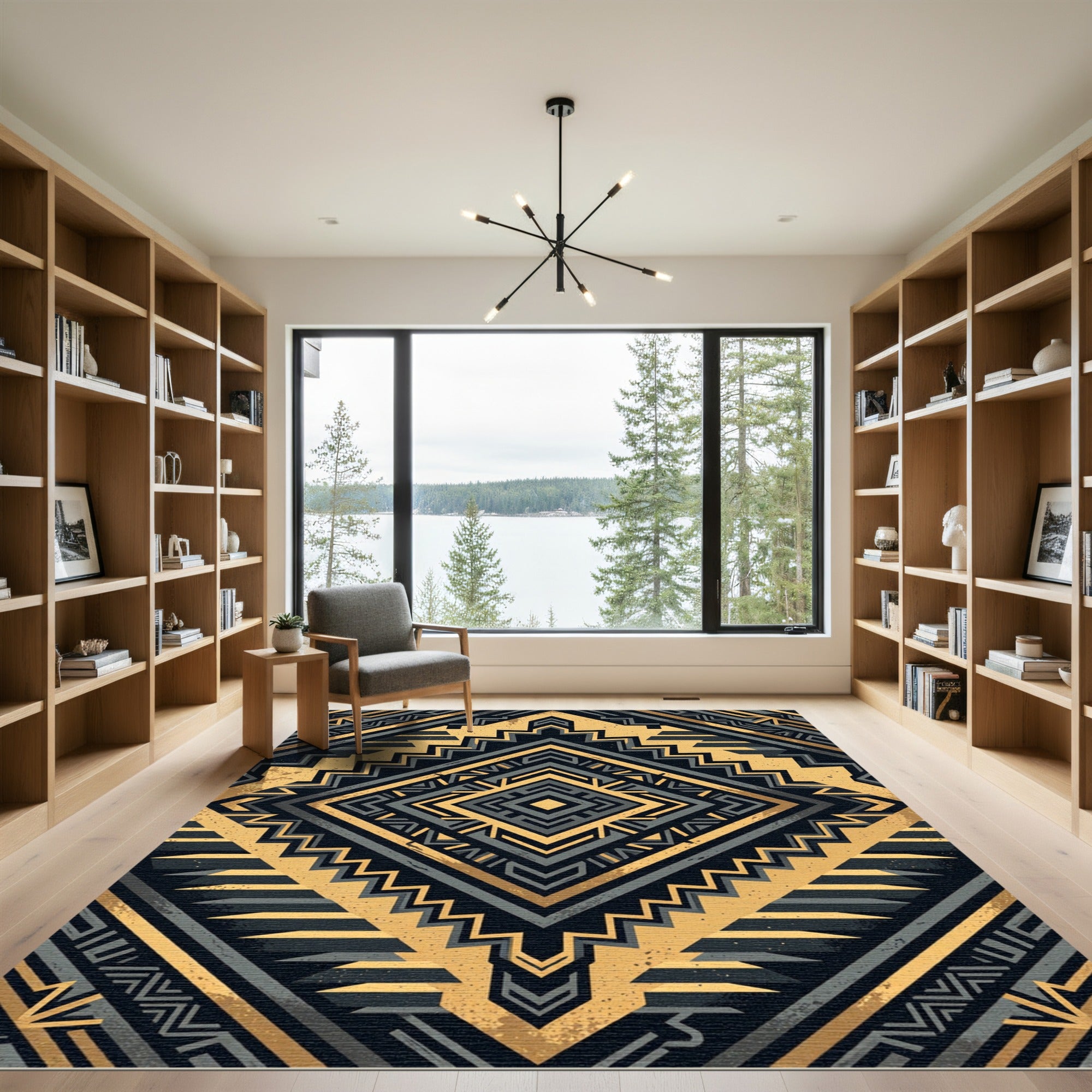 Metallic Golden Charcoal Geometric Diamond Rug