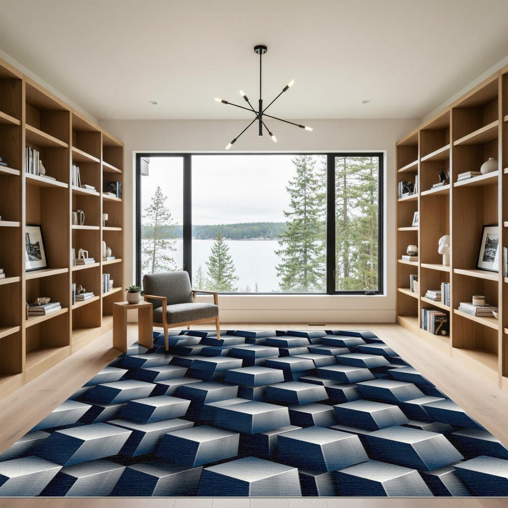 Metallic Blue Isometric Geometric Cube Art Rug