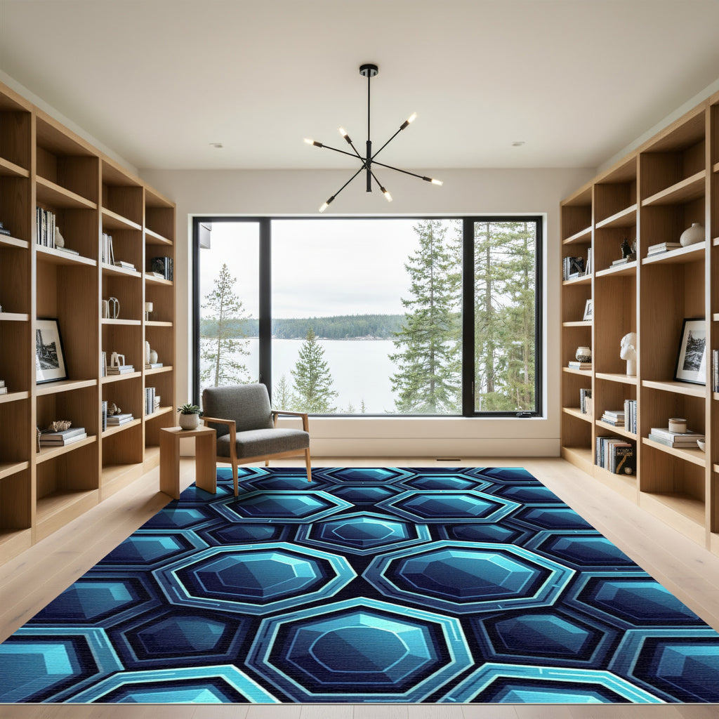 Modern Blue Geometric Hexagon Illusion Rug