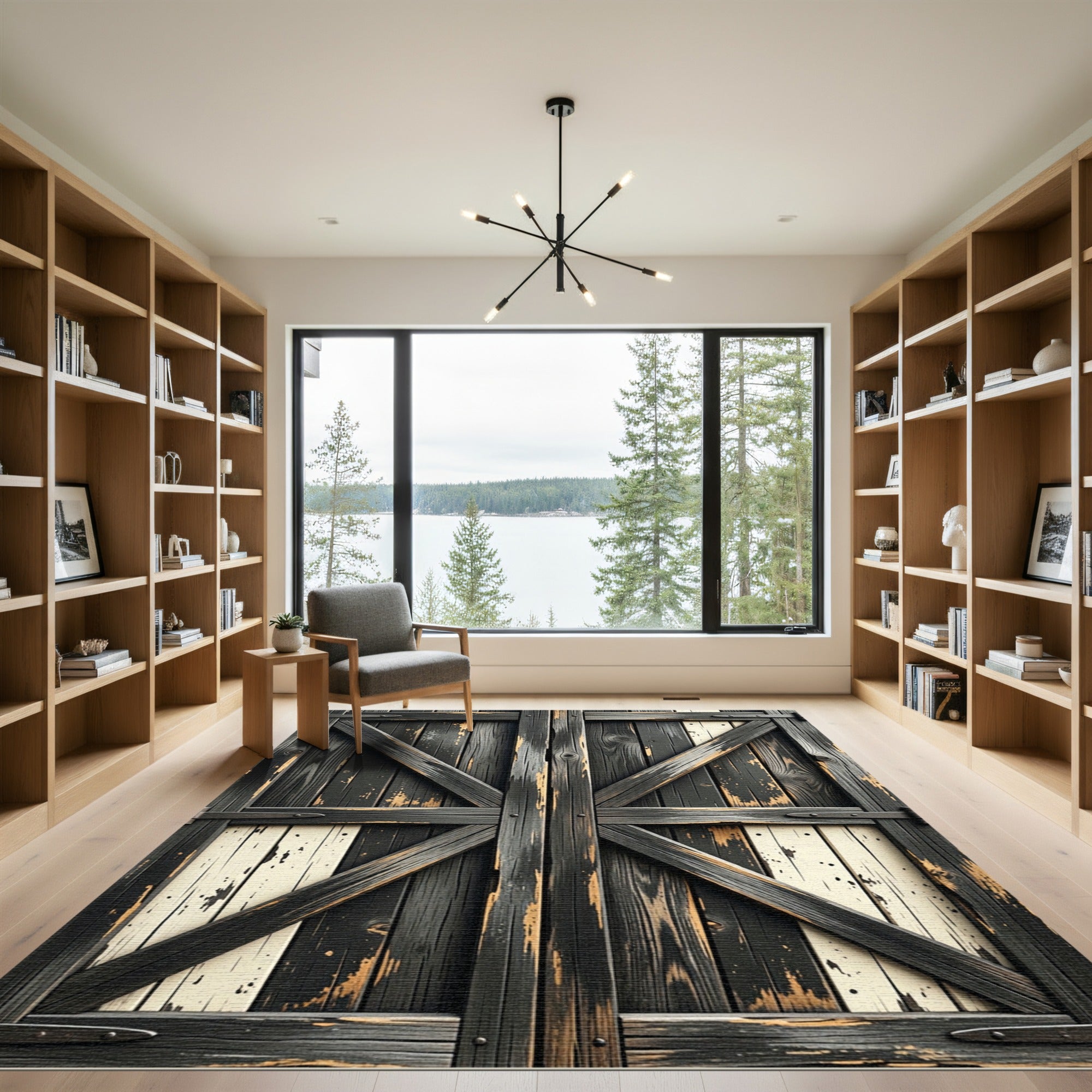 Distressed Wood Grain X Brace Rug