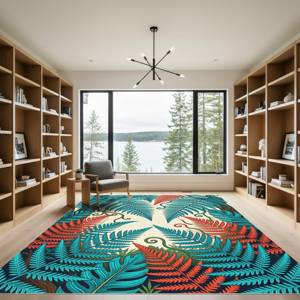 Vibrant Teal and Terracotta Tropical Ferns Rug